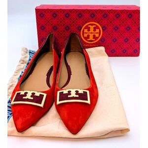 Tory Burch Gigi 20mm Pointy Toe Flat Silk Suede Sunset Lava Red Burgundy Size 8